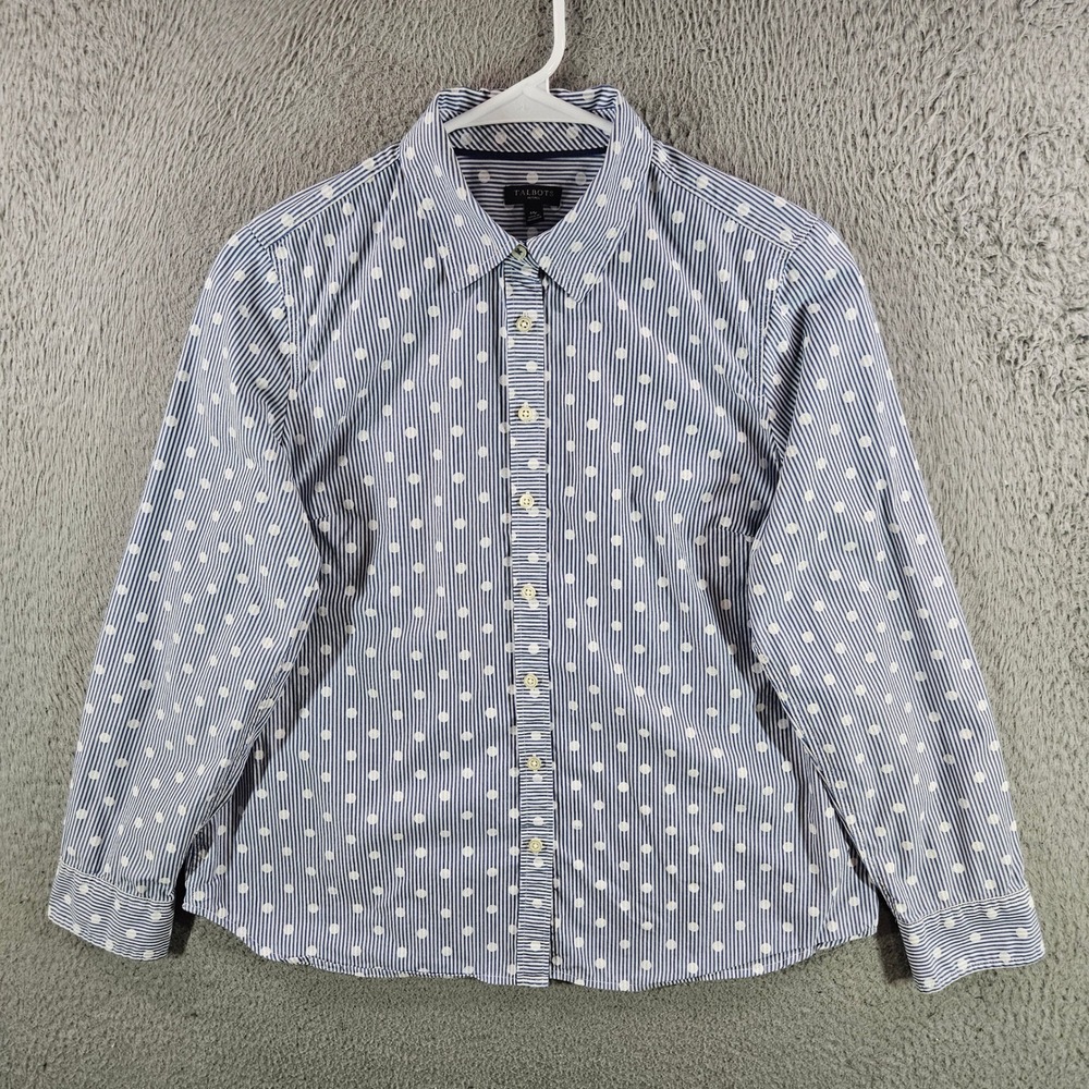 Talbots Petites Womens Blue White Striped Polka Dot Cotton Button Down Shirt MP